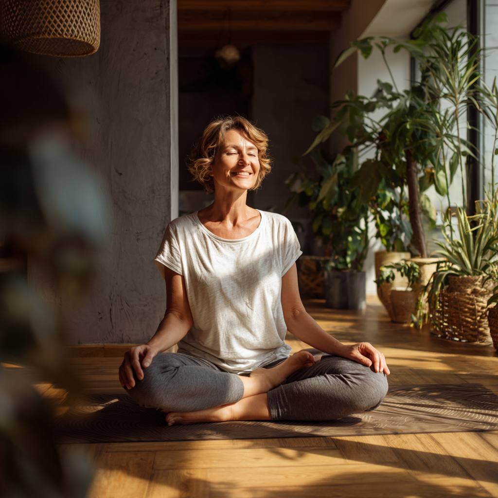 Smiling middle-aged Ukrainian woman in comfortable yoga attire practicing morning yoga poses in a sunlit room with plants
