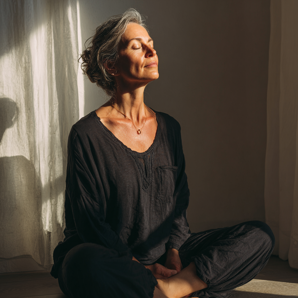Elderly Ukrainian man with gray beard practicing gentle shoulder stretches in a peaceful yoga studio with wooden floors