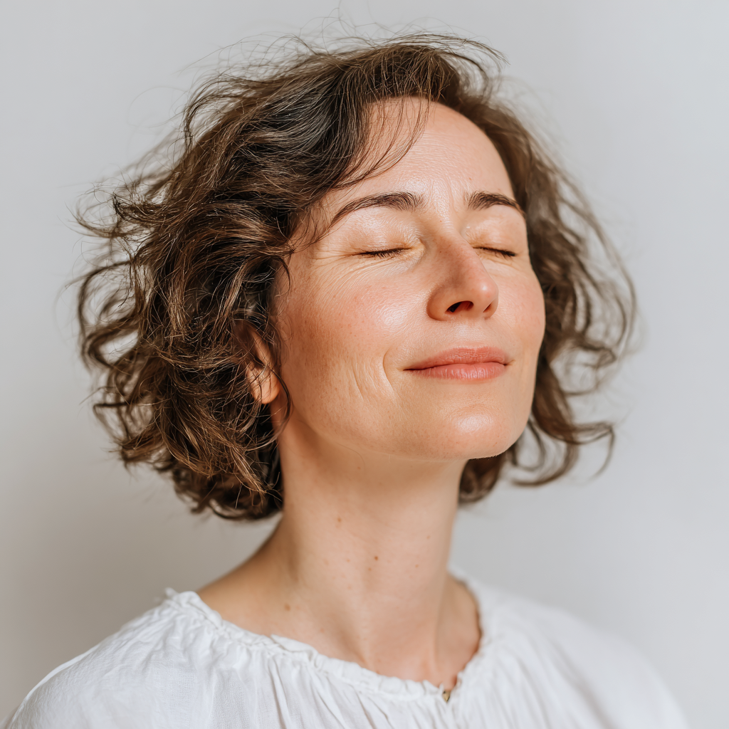 Senior Ukrainian woman with silver hair practicing flowing yoga movements on a mat outdoors during sunrise with golden light